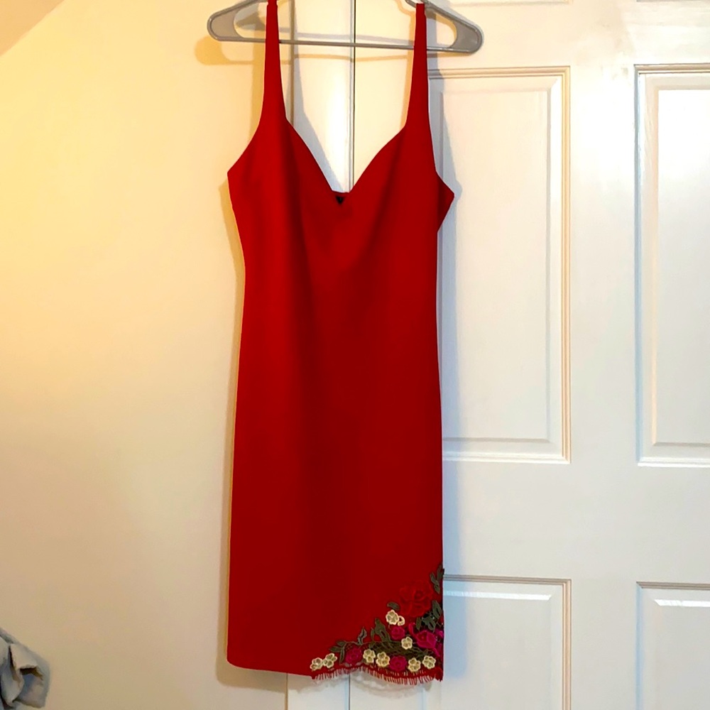 Red with floral colored lace detail mini dress!